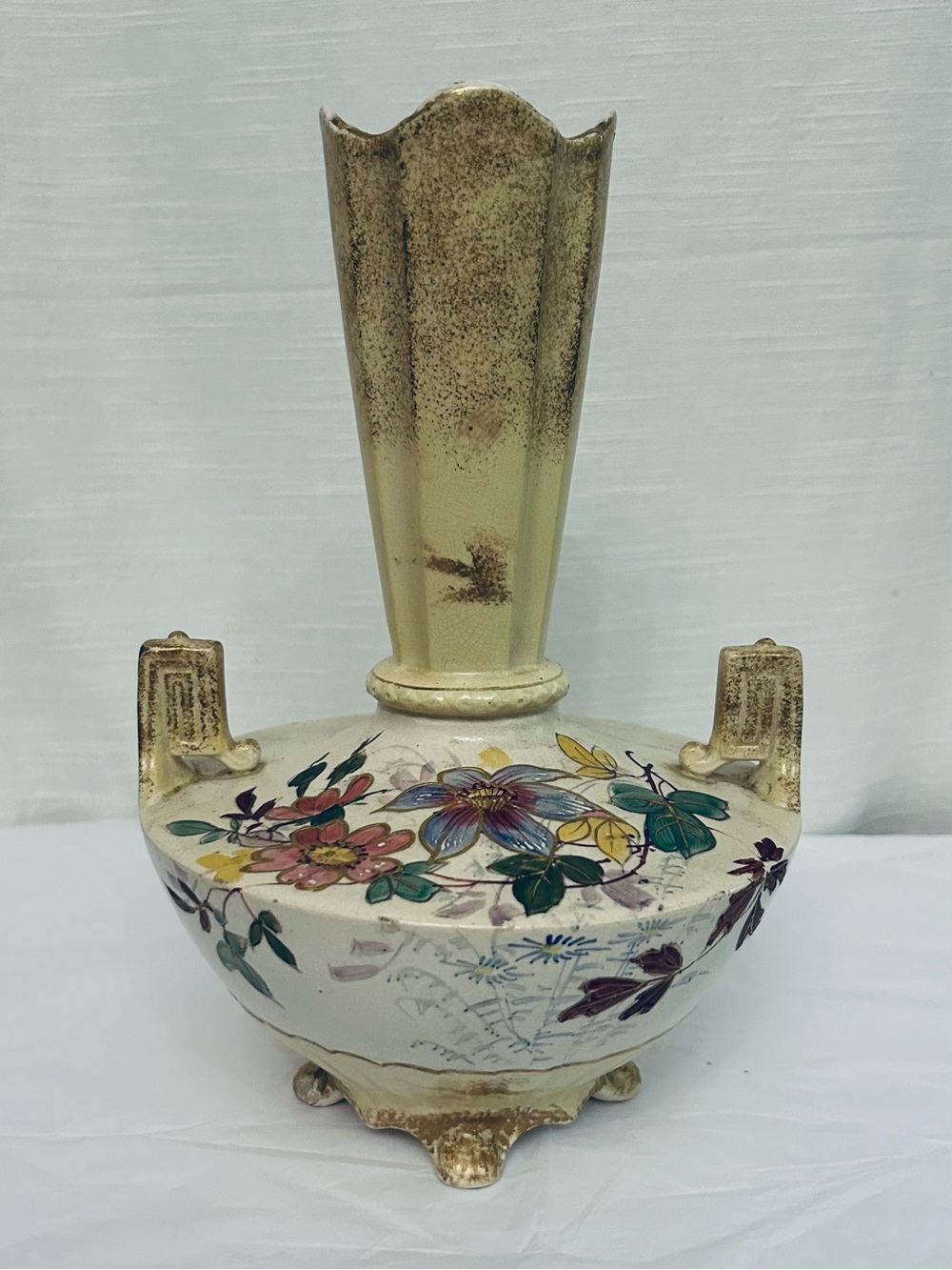 Antique Hand-Painted Floral Ceramic Vase in Cream and Gold